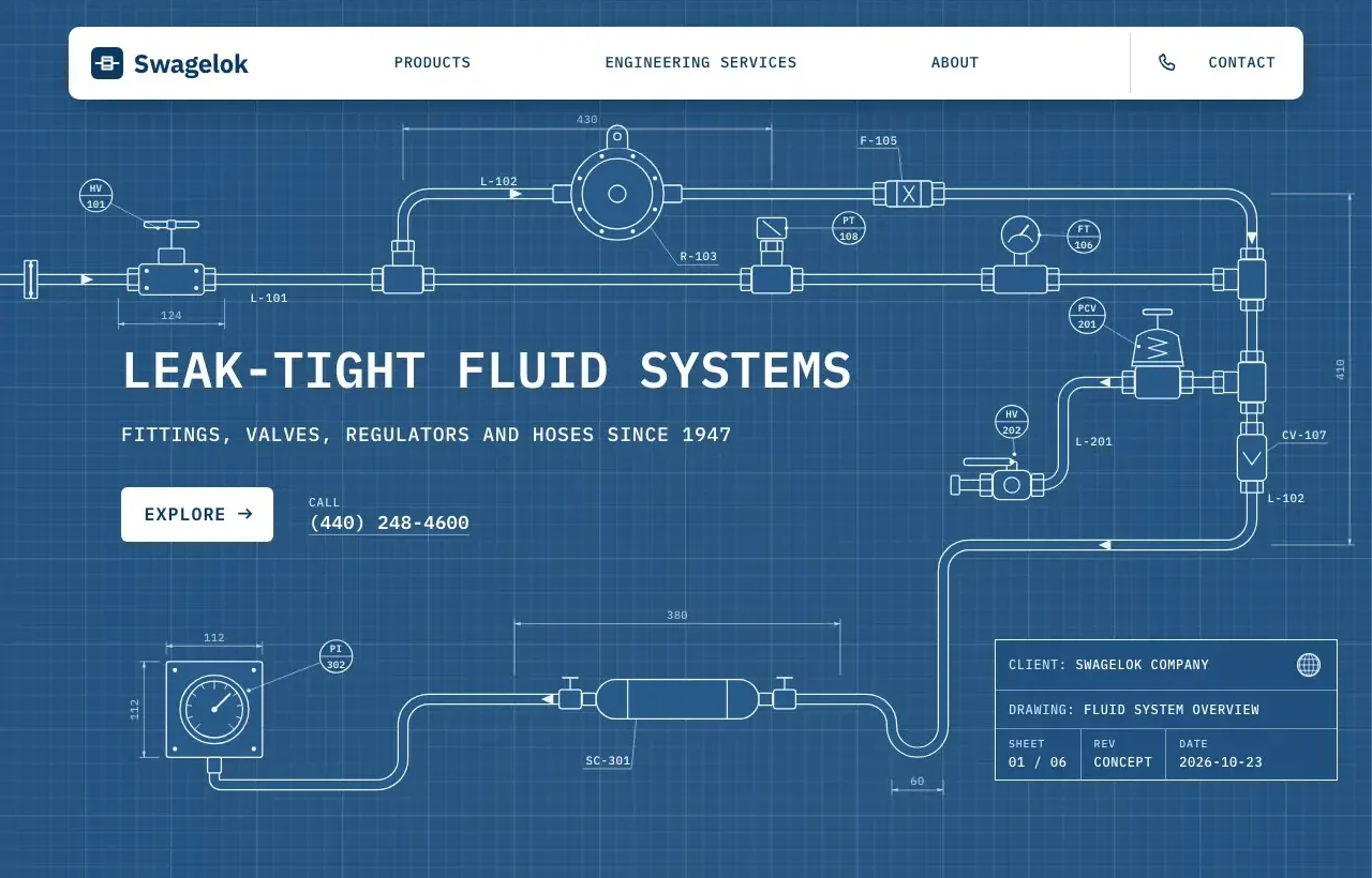 The live Blueprint home page: white piping schematics on blueprint blue around the headline “Leak-tight fluid systems”.