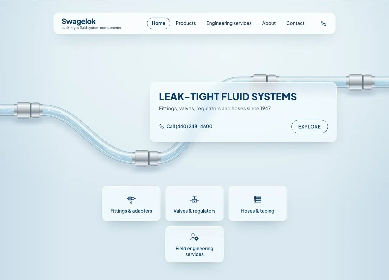 The live Fluid home page: a glass tube with stainless fittings behind a frosted card reading “Leak-tight fluid systems”.